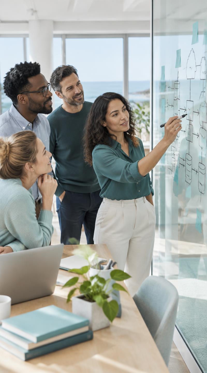 A team mapping a system together at a glass whiteboard